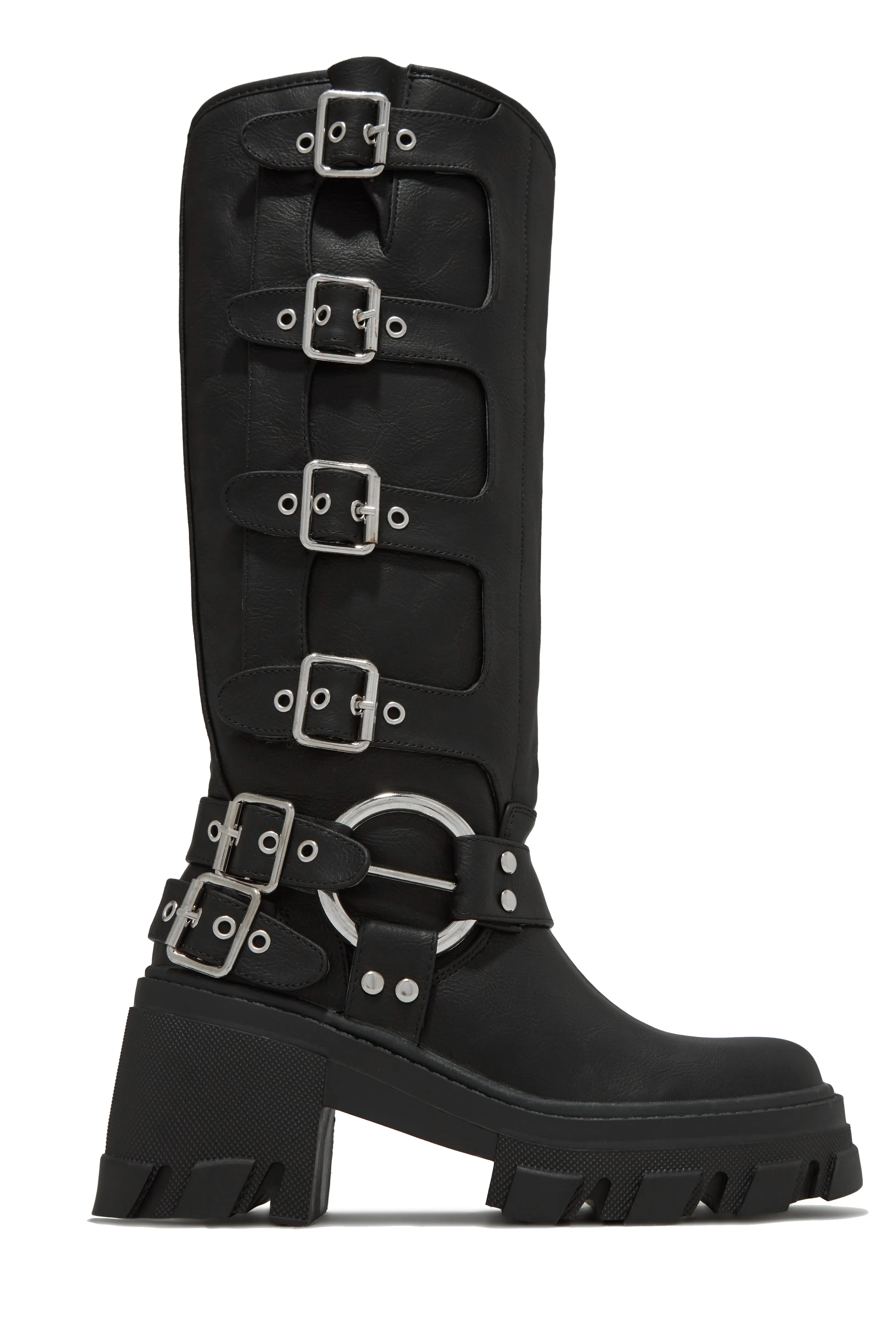 Alix Knee High Buckle Combat Boots - Black