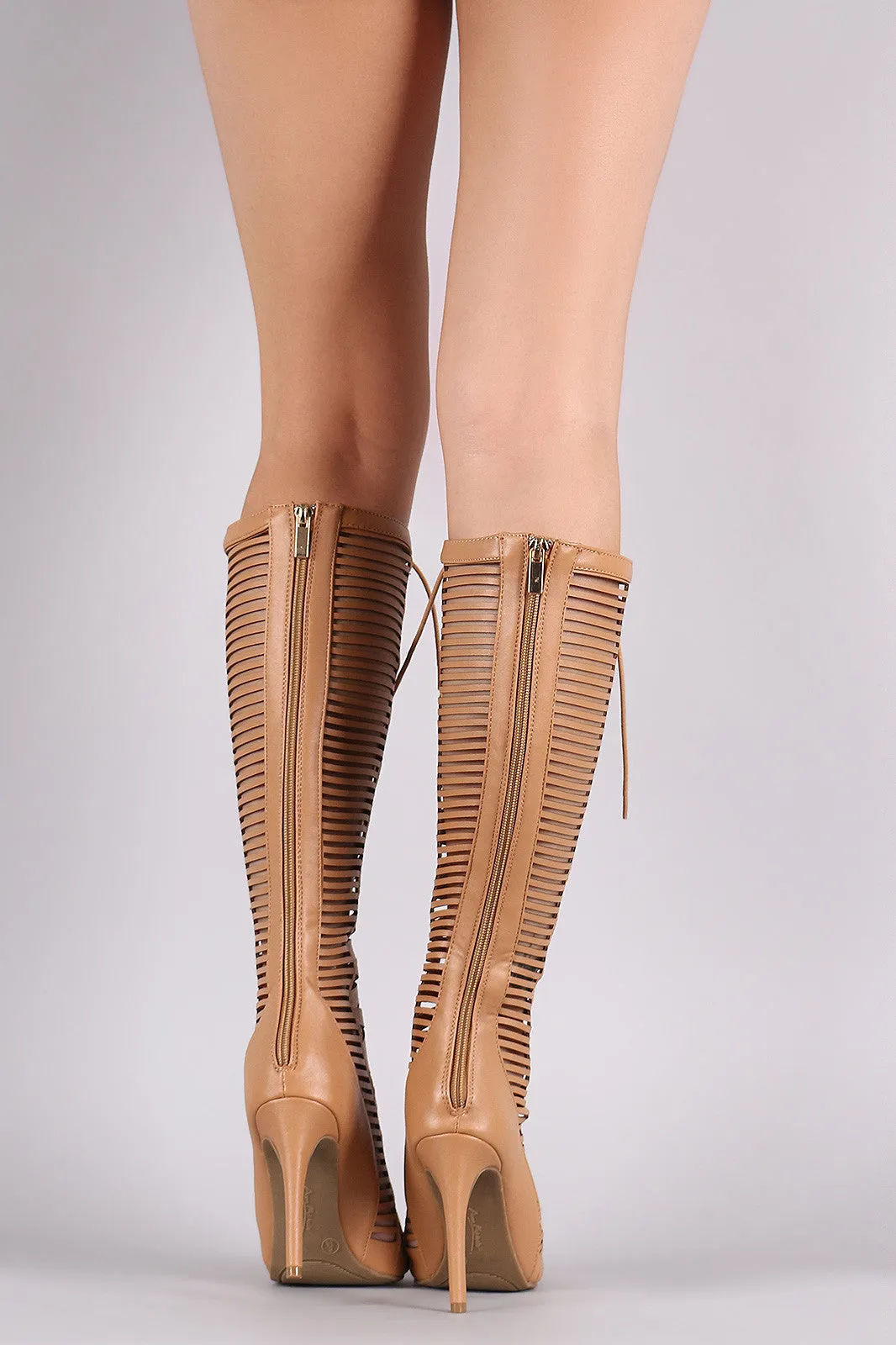 Anne Michelle Caged Lace-Up Knee High Boots