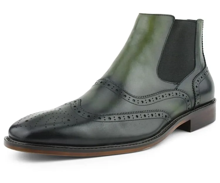 Asher Green Men's Olive Green Leather Wingtip Boots AG2632