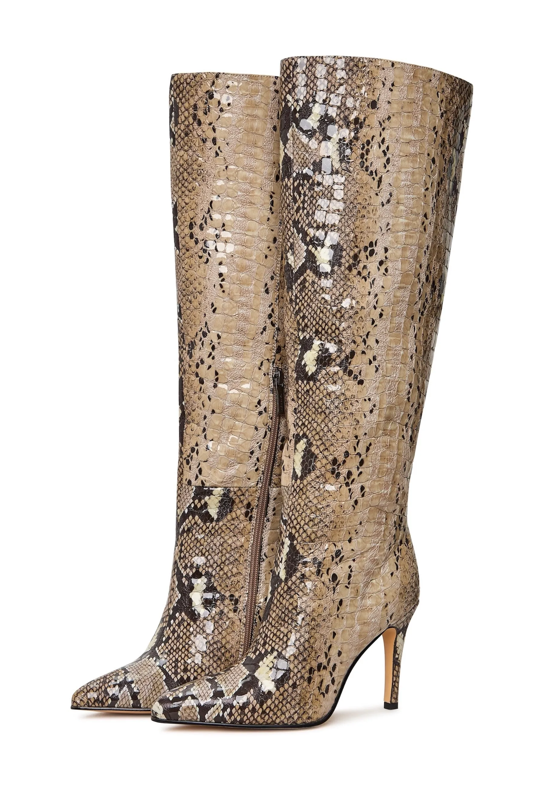 Bold Snake Print Knee-High Boots - Animal Print High Heel Footwear- Leopard