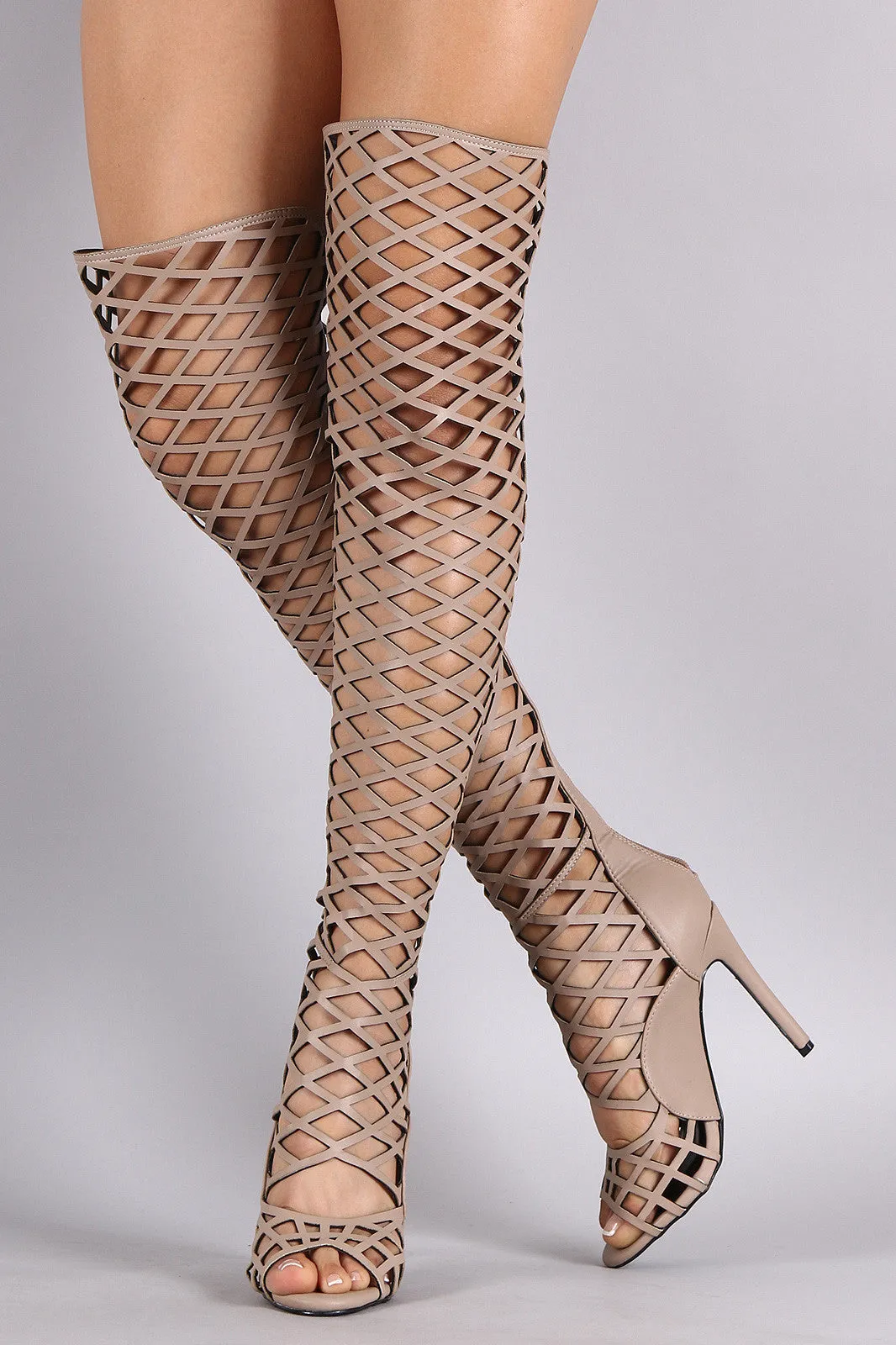 Caged Peep Toe Over The Knee Stiletto Boot