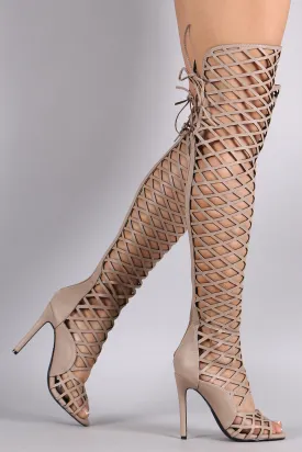 Caged Peep Toe Over The Knee Stiletto Boot