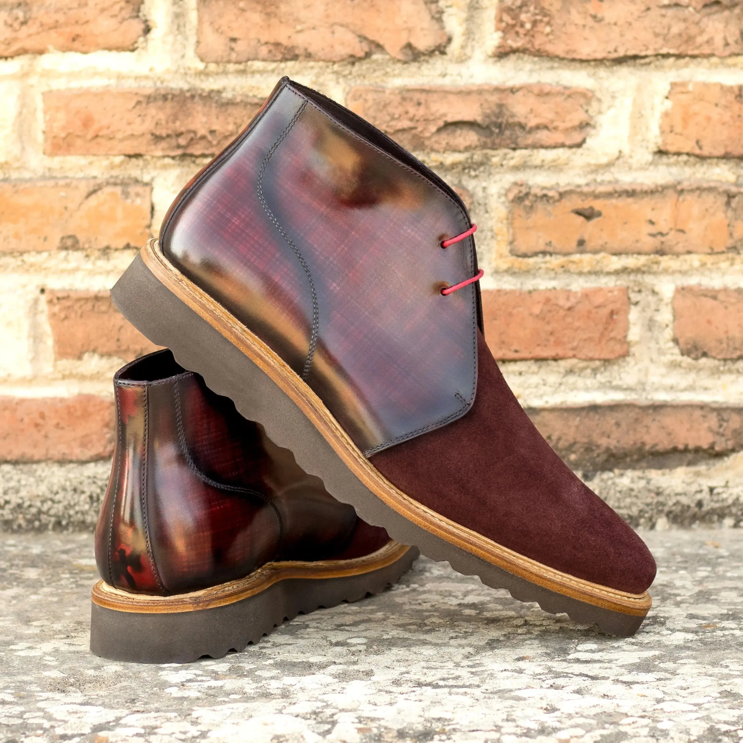 DapperFam Vivace in Burgundy / Burgundy Camo Men's Lux Suede & Hand-Painted Patina Chukka