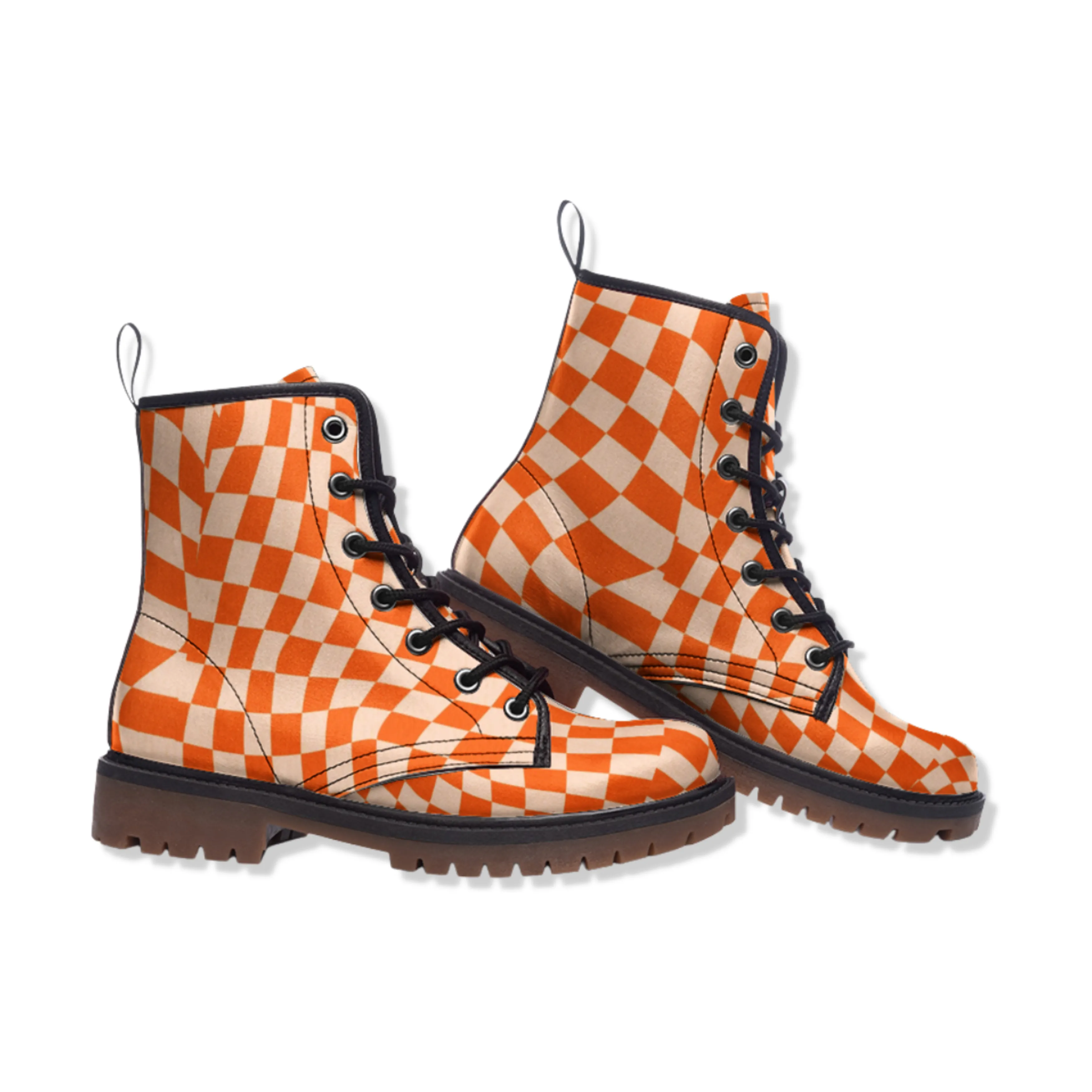 Faux Leather Lightweight Boots Lace Up Retro Checkered Orange