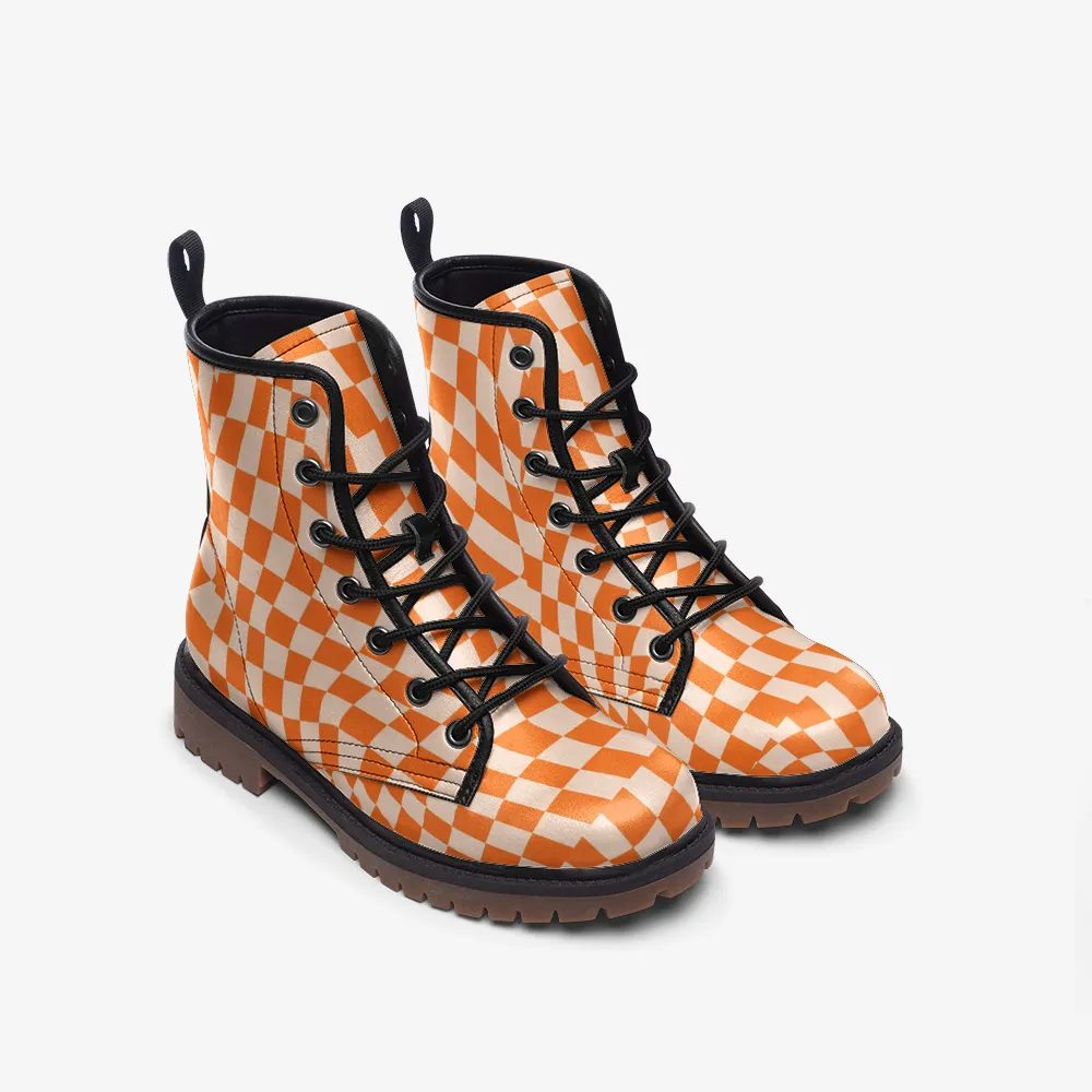 Faux Leather Lightweight Boots Lace Up Retro Checkered Orange