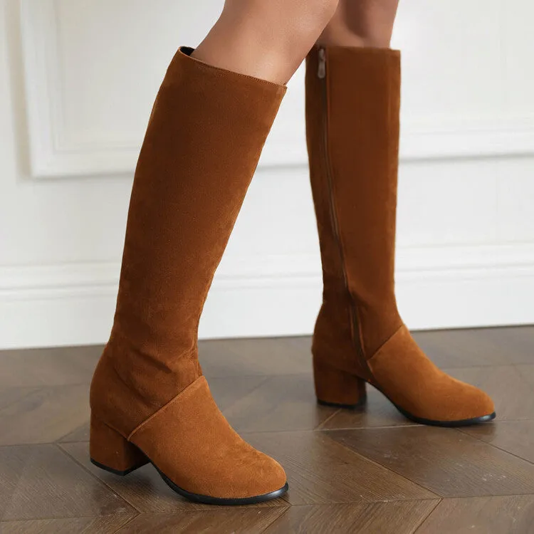 Faux suede block heels knee high boots with pointed toe