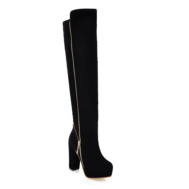 Faux suede chunky high heels thigh high boots with side zipper