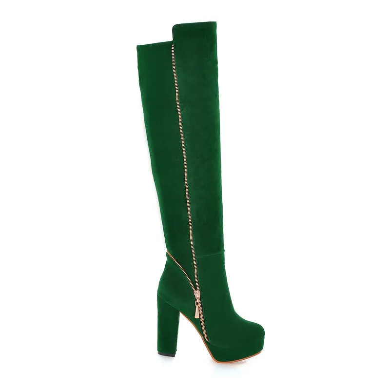 Faux suede chunky high heels thigh high boots with side zipper