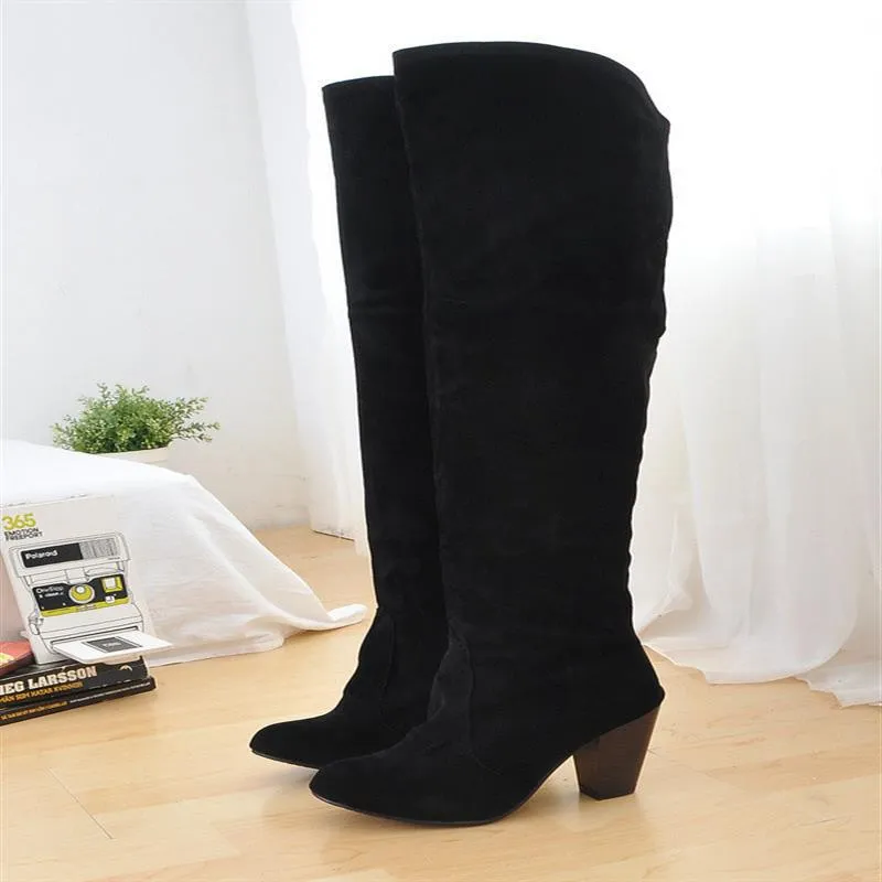 Faux suede slip-on knee high boots