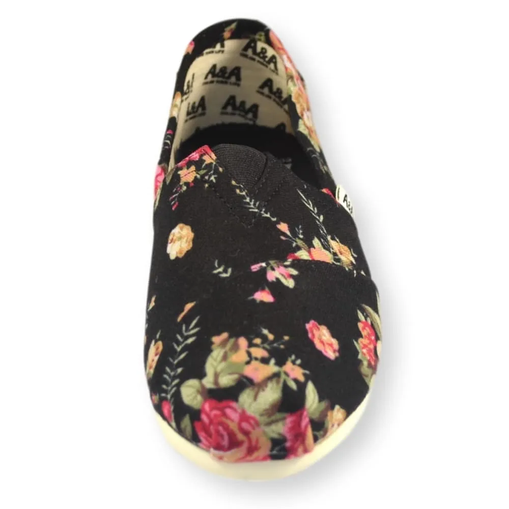 Floral VEGAN Black Canvas Slip On Shoes Alpargatas