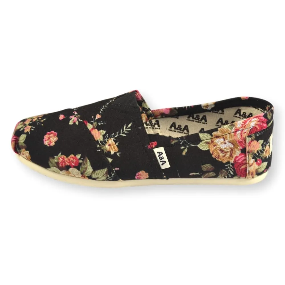 Floral VEGAN Black Canvas Slip On Shoes Alpargatas