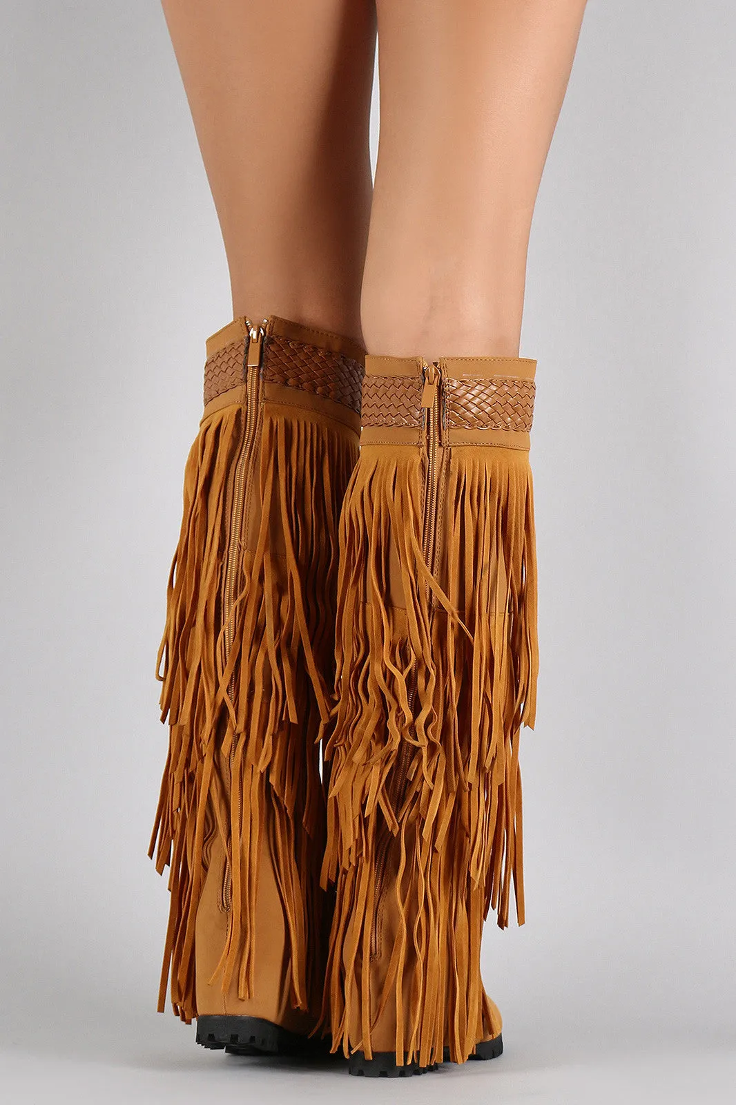 Fringe Woven Pointy Toe Knee High Hidden Wedge Boot