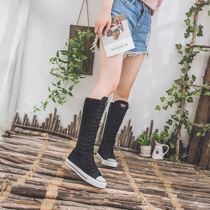 Funki Buys | Boots | Women's Long Lace Up Zipper Canvas Boot