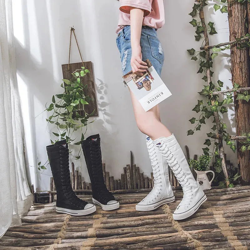 Funki Buys | Boots | Women's Long Lace Up Zipper Canvas Boot