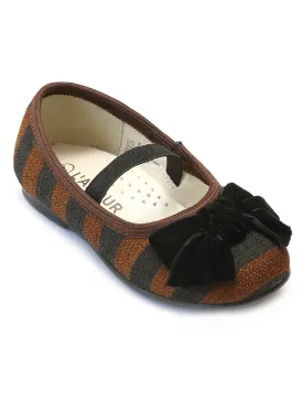 Girls Brown Striped Linen Canvas Velvet Bow Ballerina Flats 7 Toddler-4 Kids