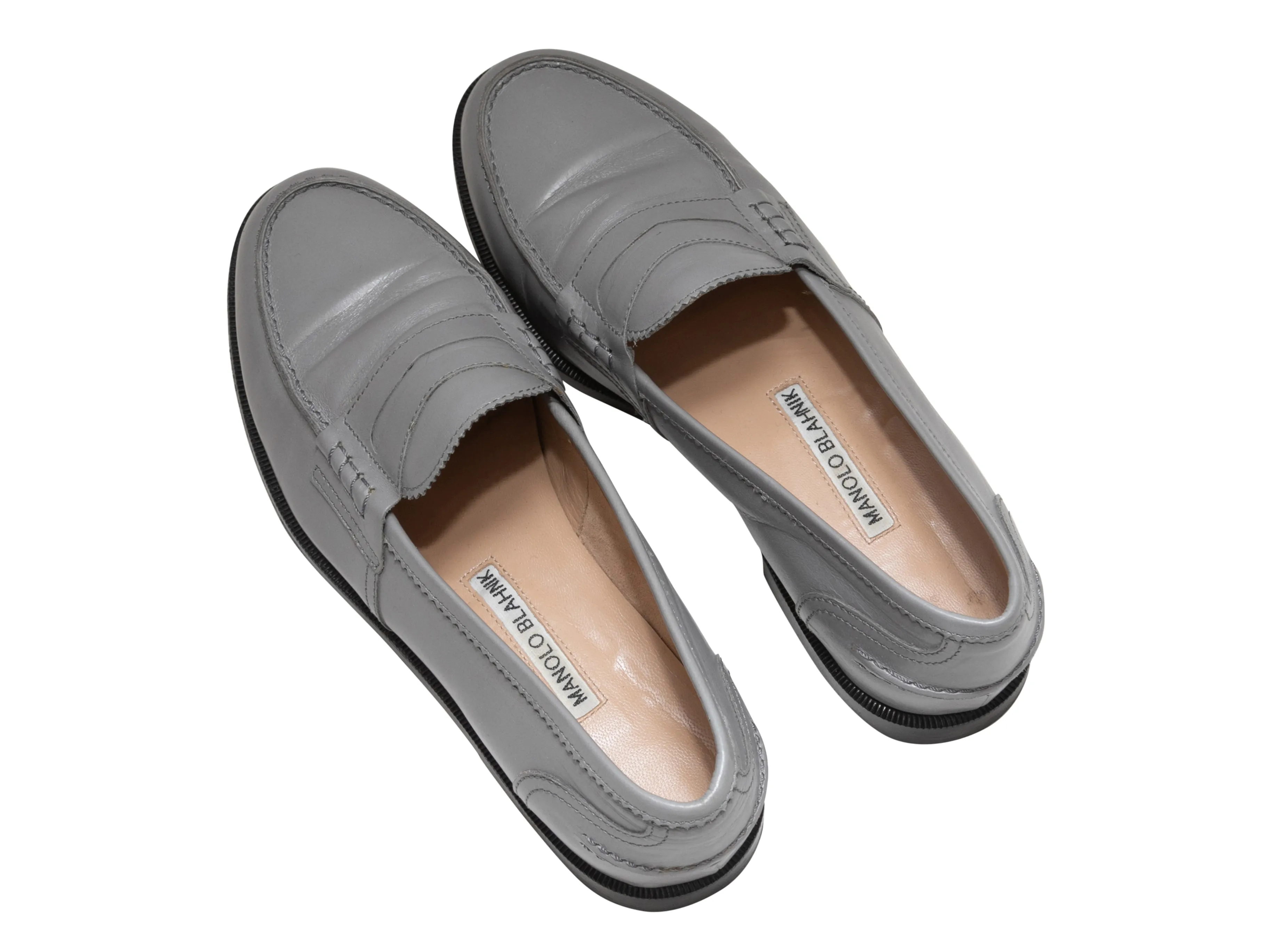 Grey Manolo Blahnik Perry Leather Penny Loafers Size 36