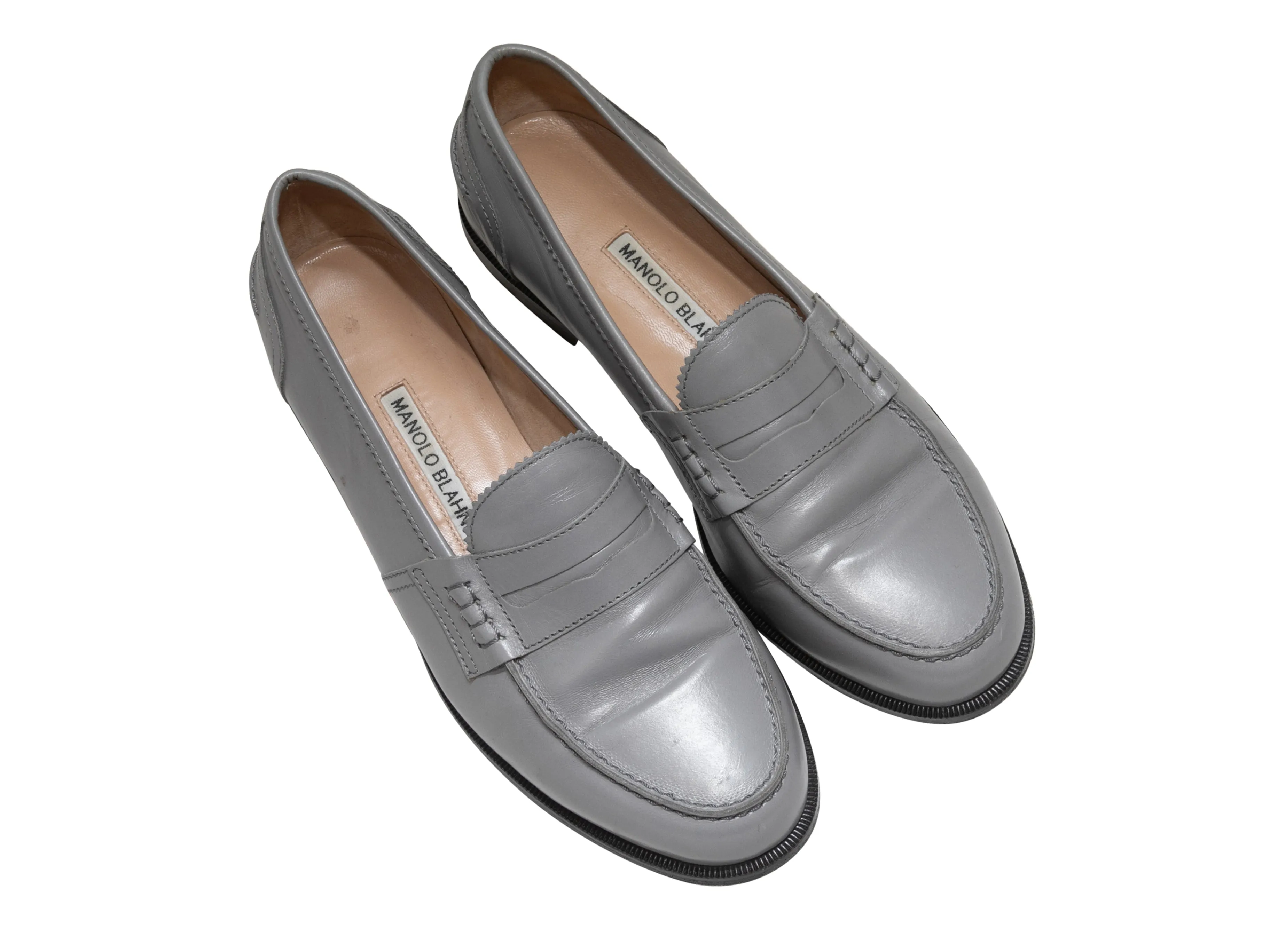 Grey Manolo Blahnik Perry Leather Penny Loafers Size 36