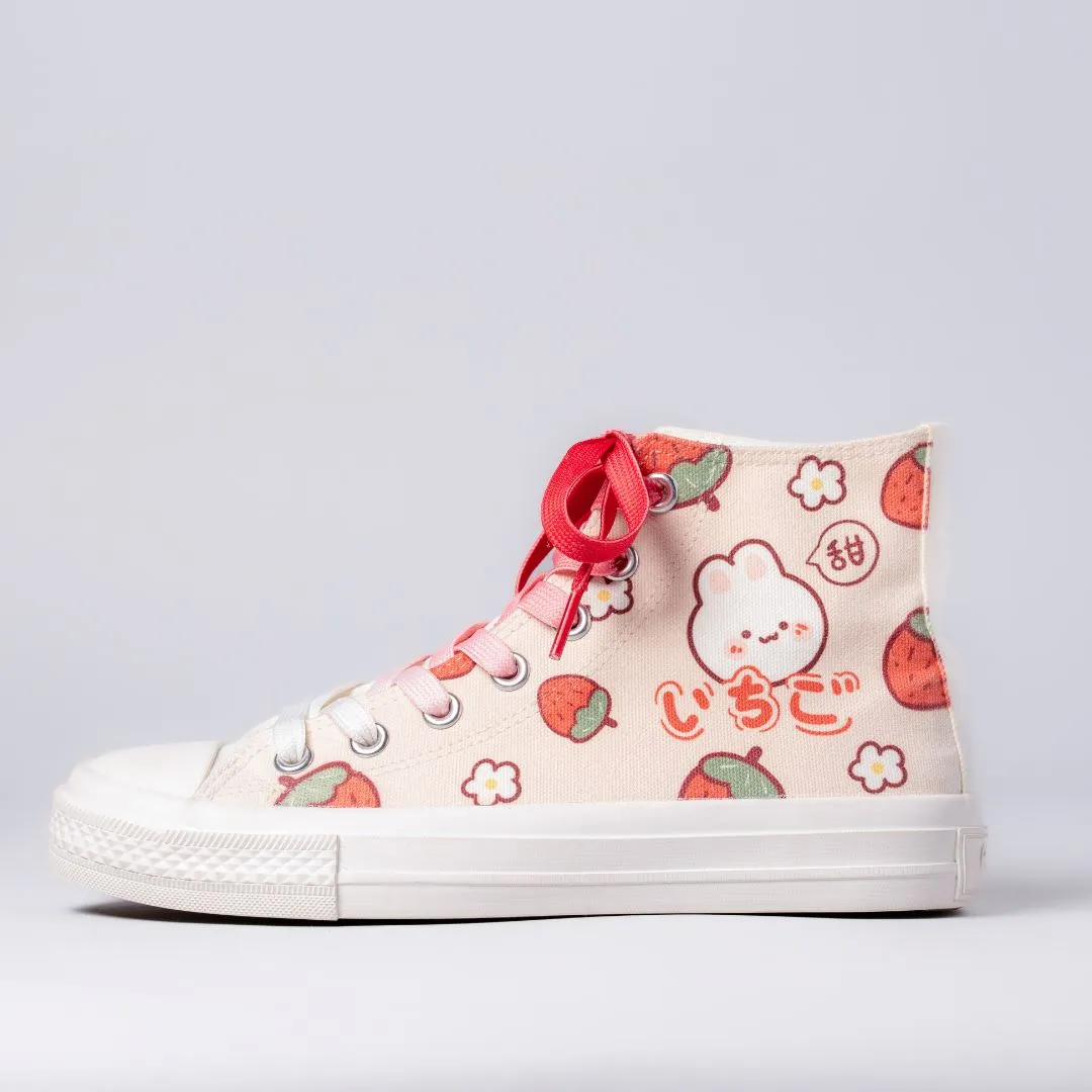 Kawaii Strawberry Bunny High Top Canvas Shoes - Unisex