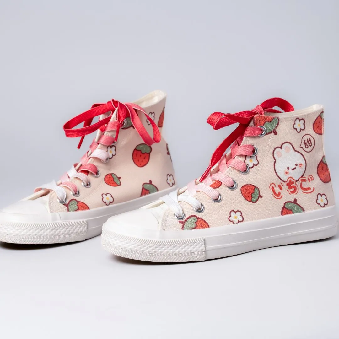 Kawaii Strawberry Bunny High Top Canvas Shoes - Unisex