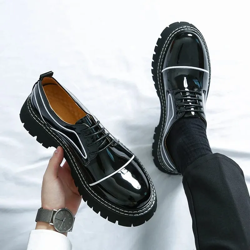 Men's Black Patent Leather Formal Shoes | Lace-Up Business Dress Shoes with Thick Sole