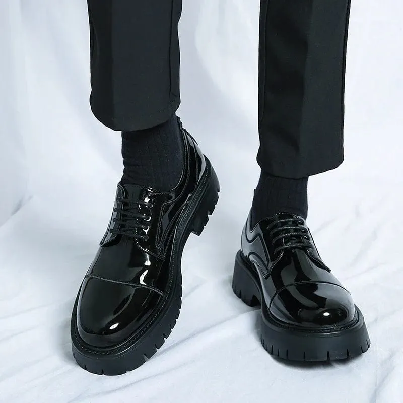 Men's Black Patent Leather Formal Shoes | Lace-Up Business Dress Shoes with Thick Sole