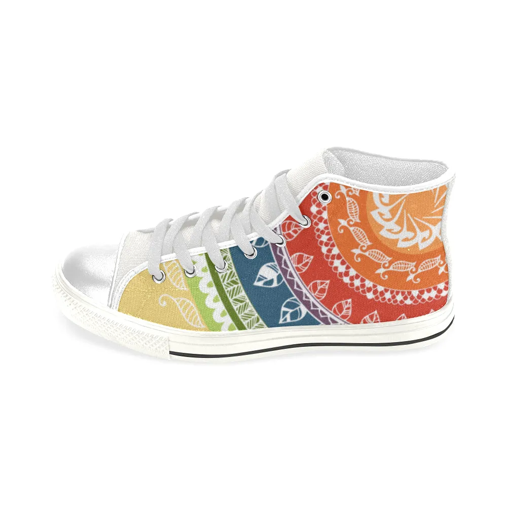 Men's White Folksy Mandala Print Canvas High Top Shoes