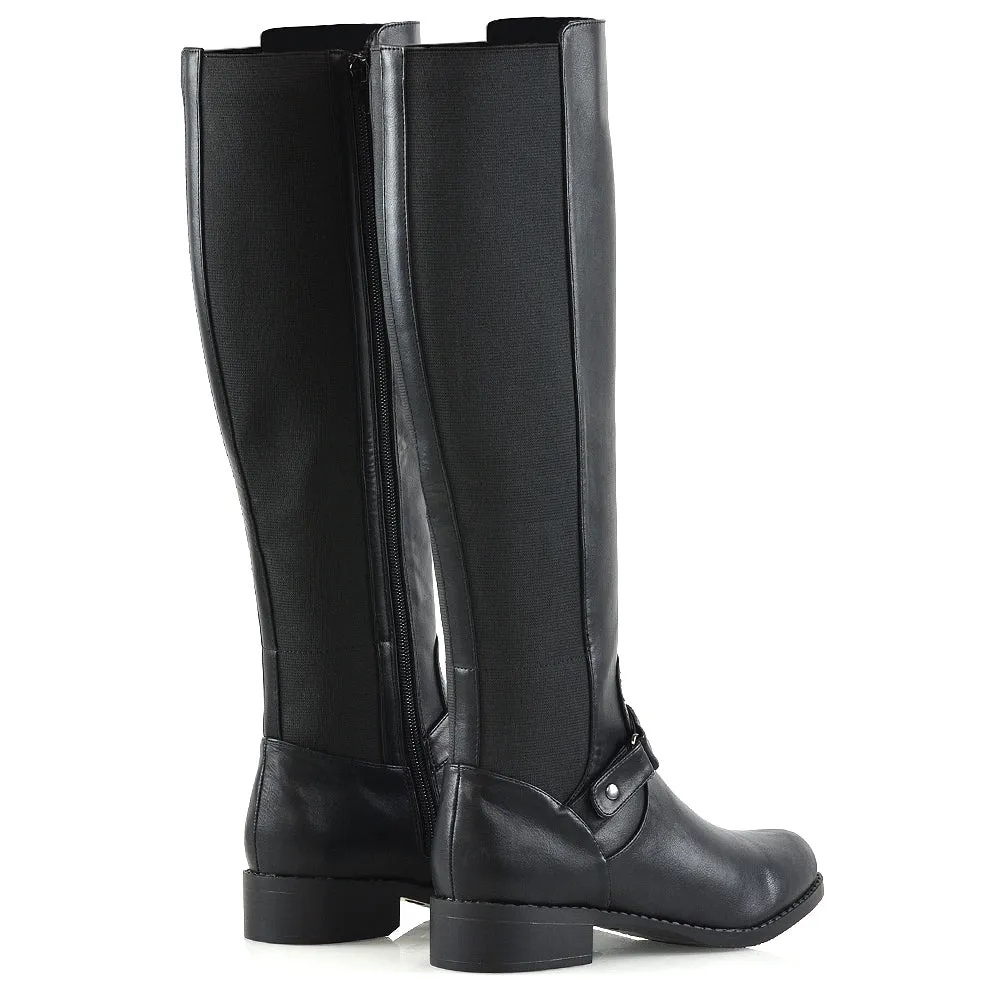 MIKAYLA WINTER ELASTICATED ZIP-UP FLAT KNEE HIGH BOOTS IN BLACK SYNTHETIC LEATHER