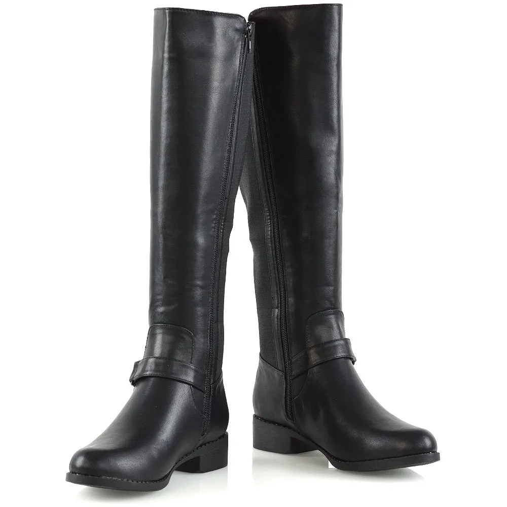 MIKAYLA WINTER ELASTICATED ZIP-UP FLAT KNEE HIGH BOOTS IN BLACK SYNTHETIC LEATHER