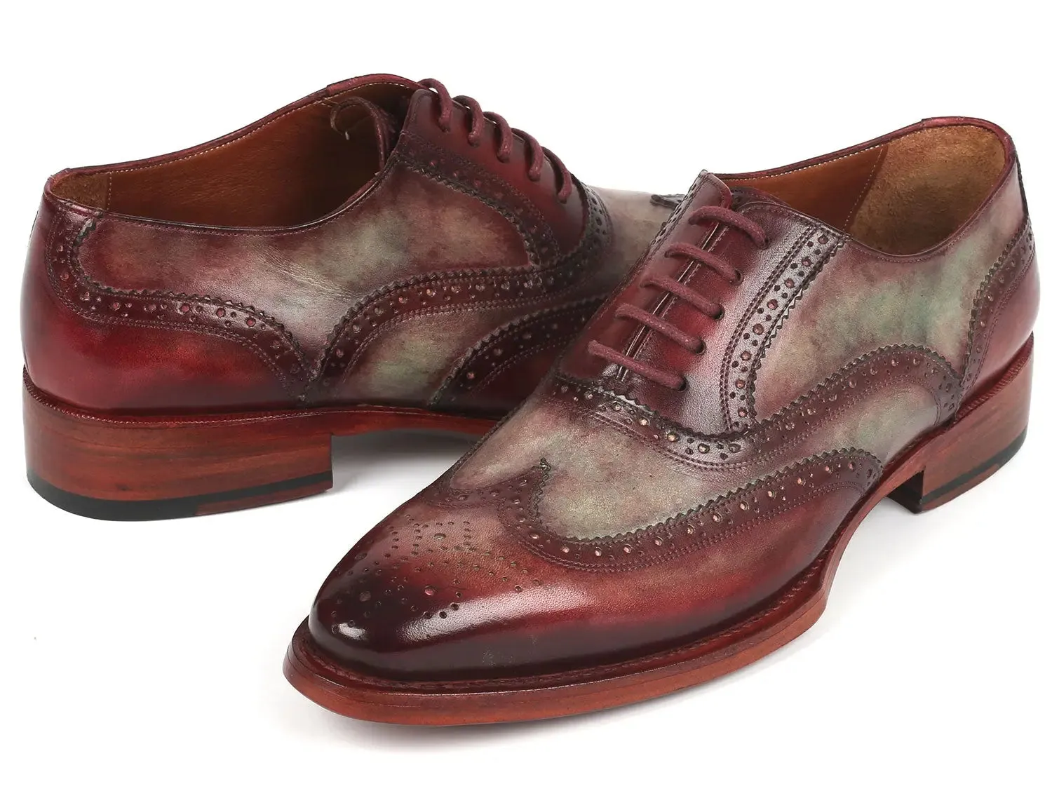 Paul Parkman Goodyear Welted Men's Two Tone Wingtip Oxfords in Green & Bordeaux