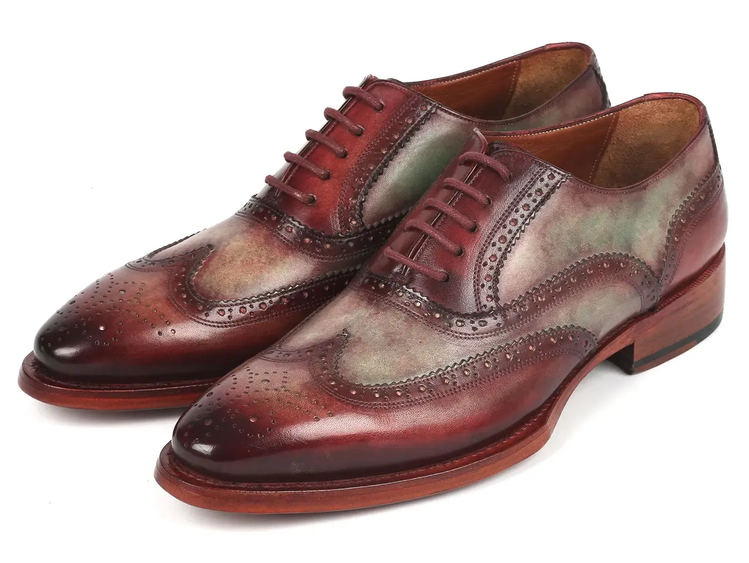 Paul Parkman Goodyear Welted Men's Two Tone Wingtip Oxfords in Green & Bordeaux