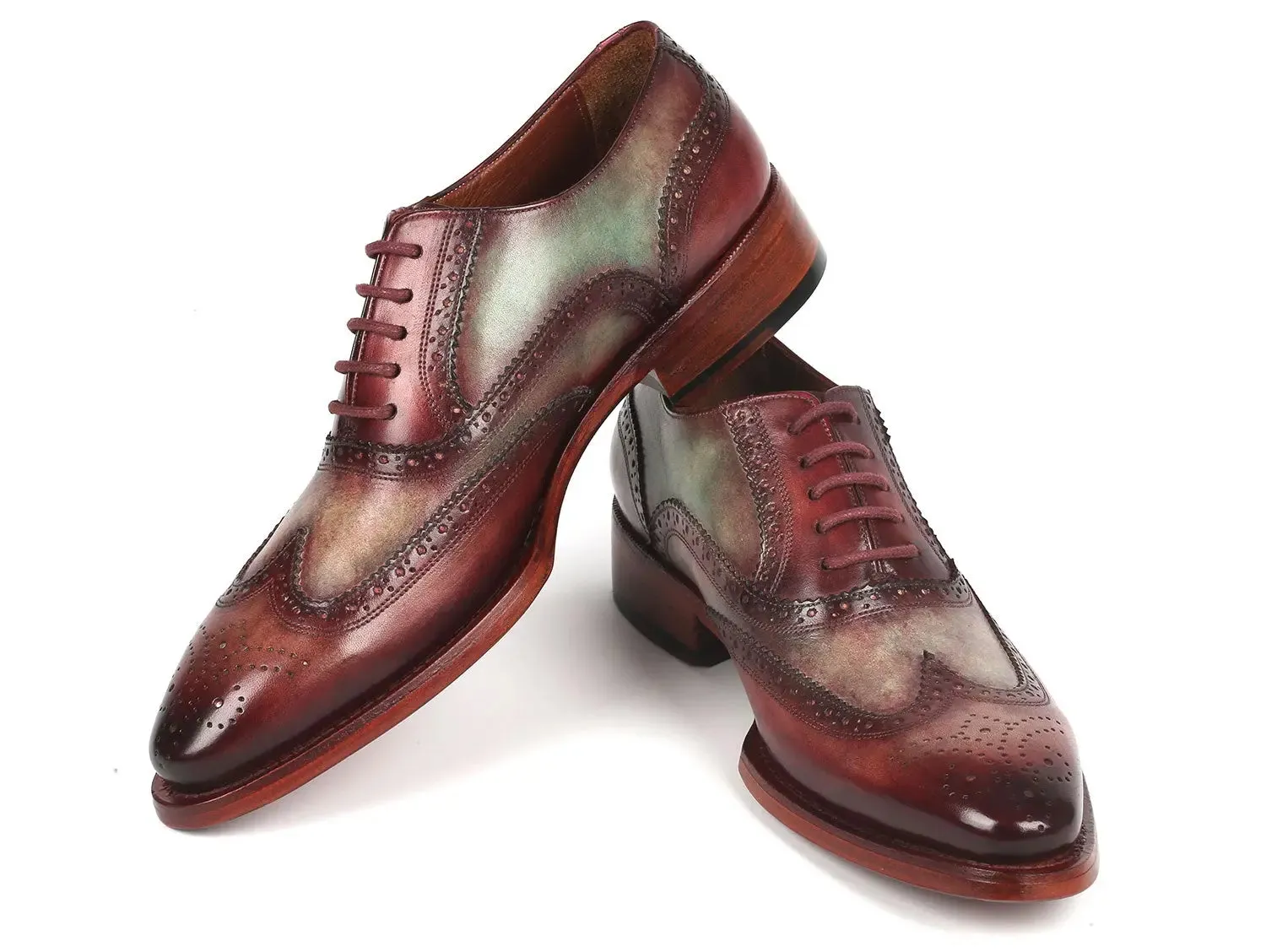 Paul Parkman Goodyear Welted Men's Two Tone Wingtip Oxfords in Green & Bordeaux