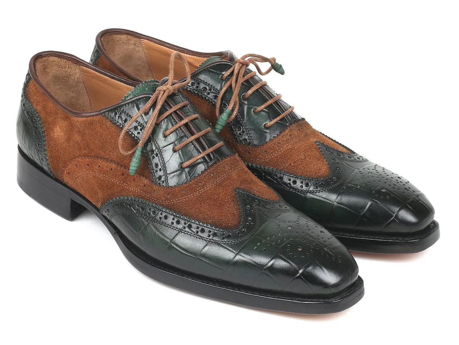 Paul Parkman Goodyear Welted Wingtip Oxfords in Brown & Green