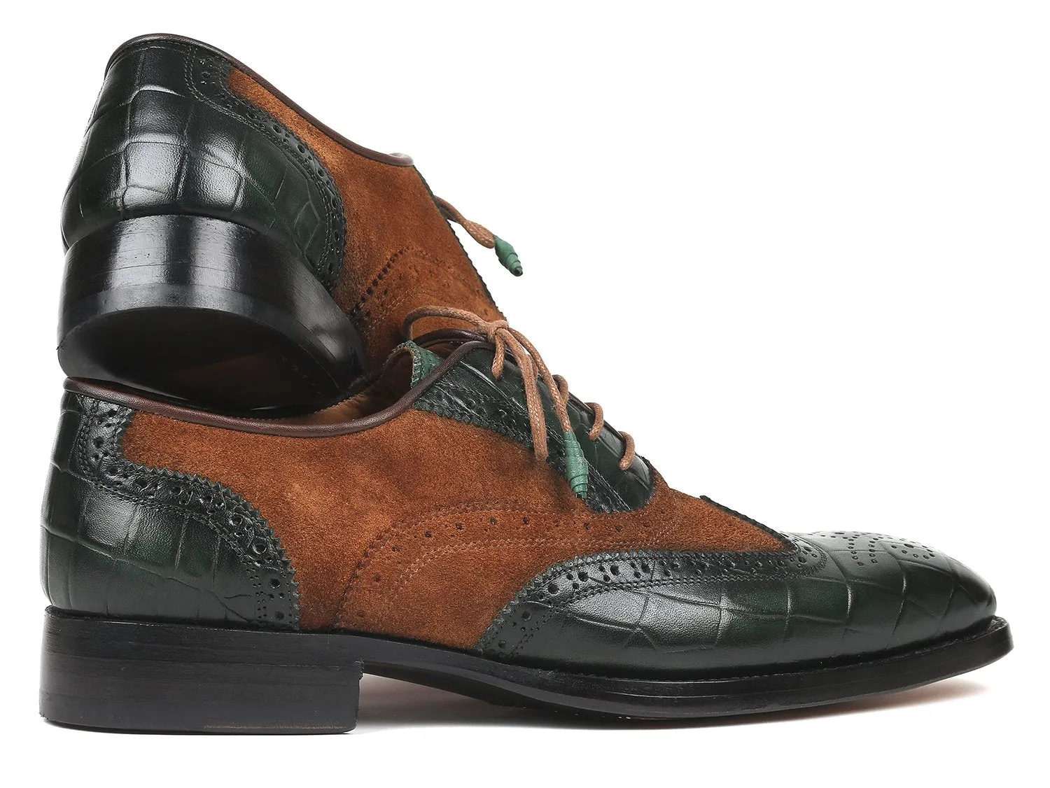 Paul Parkman Goodyear Welted Wingtip Oxfords in Brown & Green