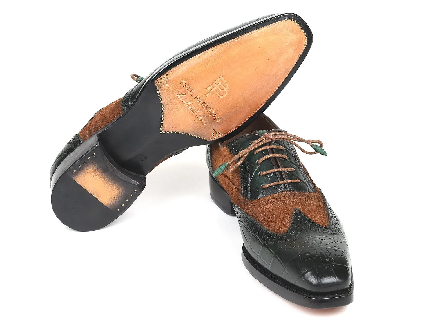 Paul Parkman Goodyear Welted Wingtip Oxfords in Brown & Green