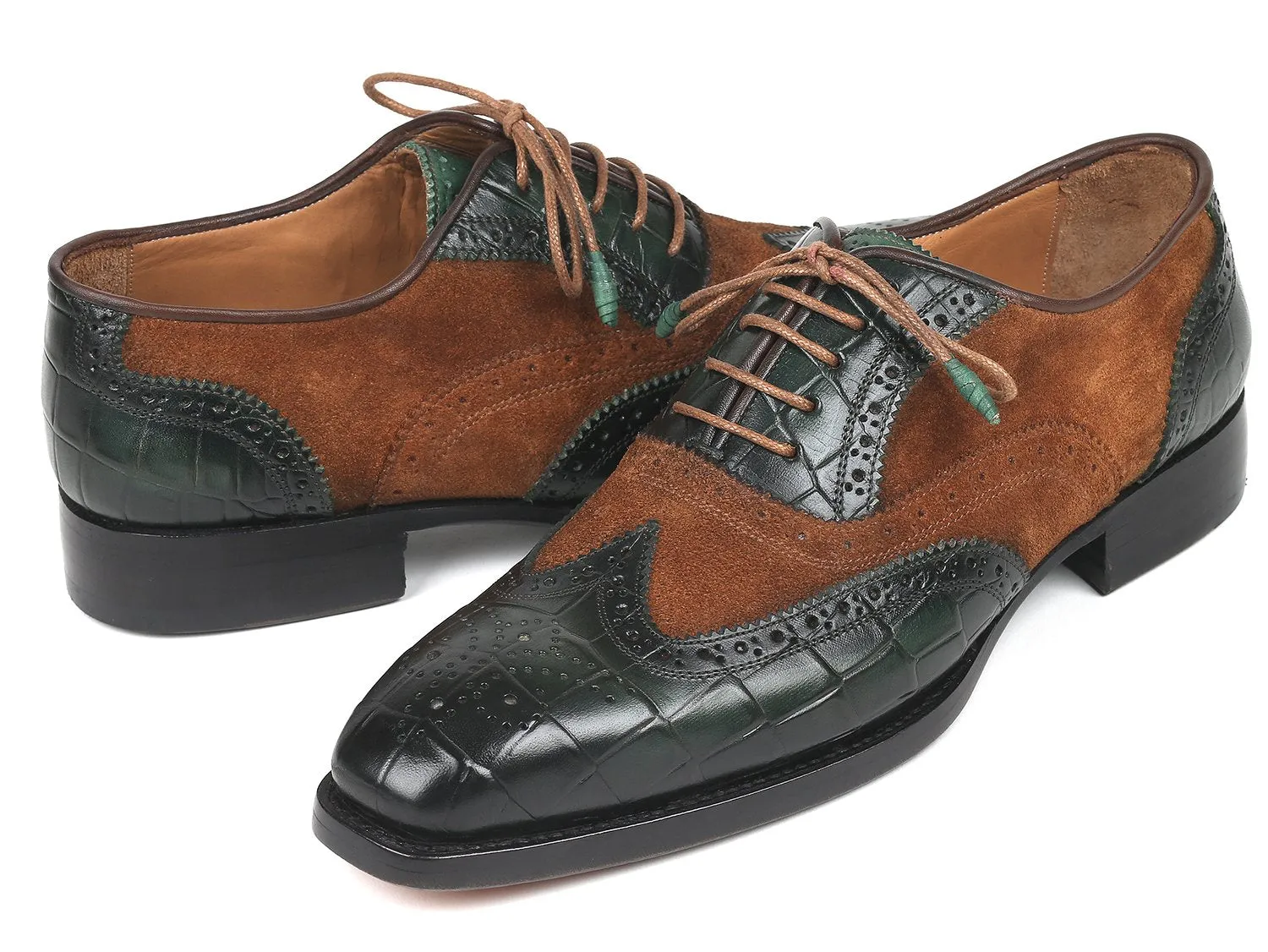 Paul Parkman Goodyear Welted Wingtip Oxfords in Brown & Green