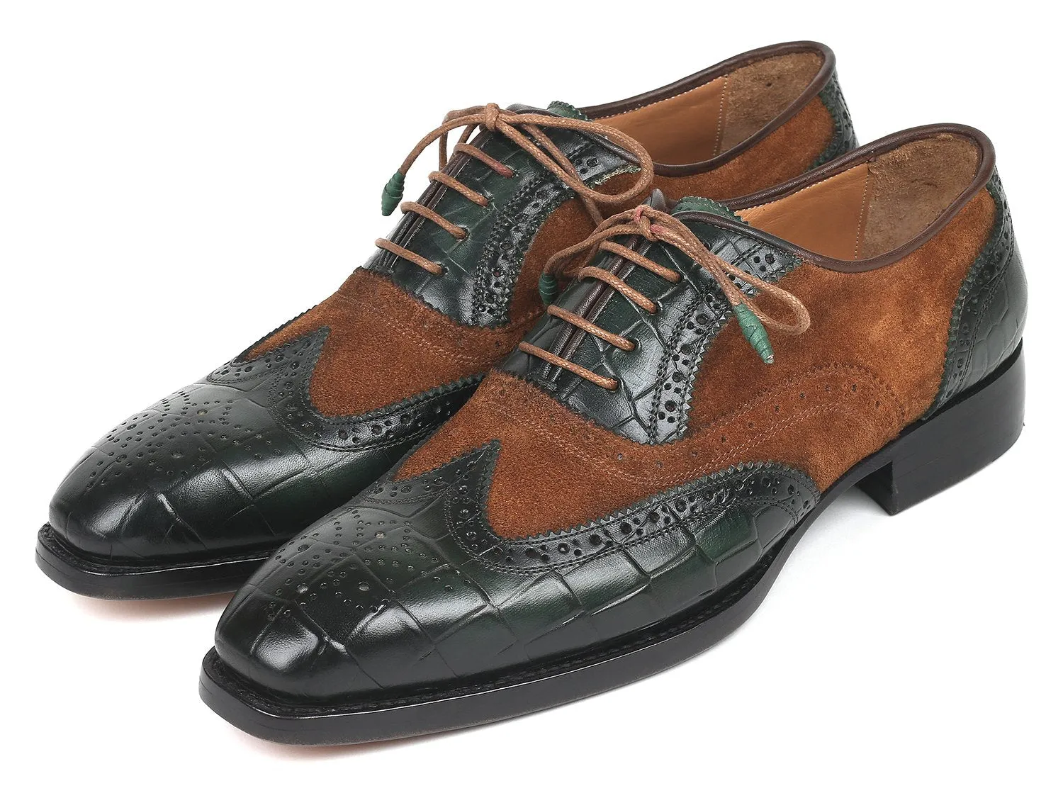 Paul Parkman Goodyear Welted Wingtip Oxfords in Brown & Green