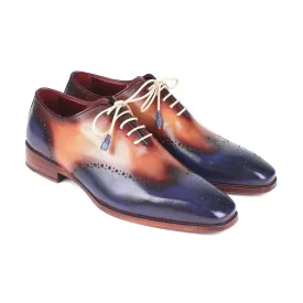 Paul Parkman Handmade Designer Shoes Men's Blue & Camel Wingtip Calfskin Oxfords 097BX11 (PM5707)