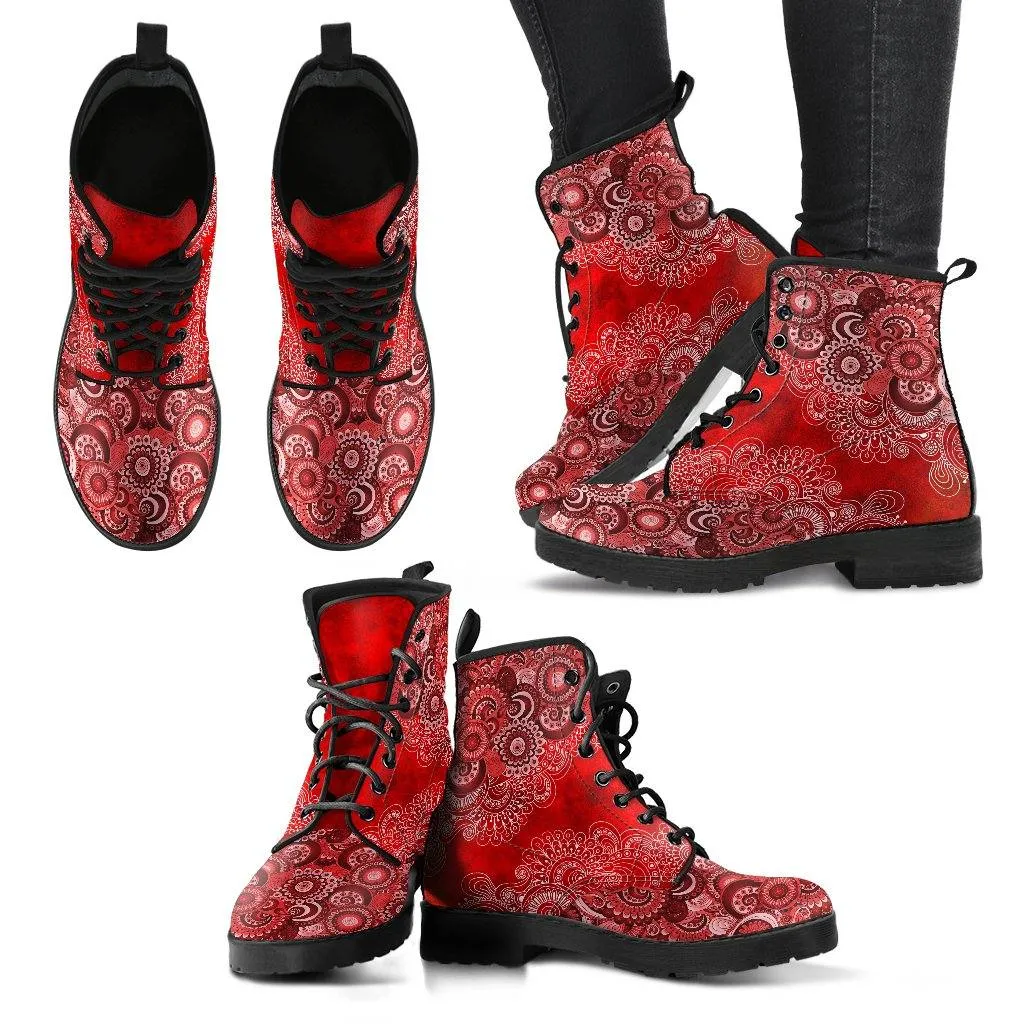 Red Paisley Mandala  Memory Foam Boots | All Season Lace Up Boots | Vegan Leather Combat Boot by Manifestie