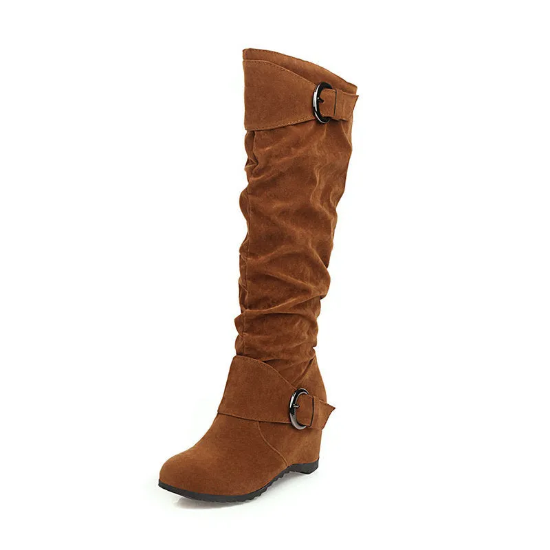 Retro slouchy faux suede wedge heels knee high boots