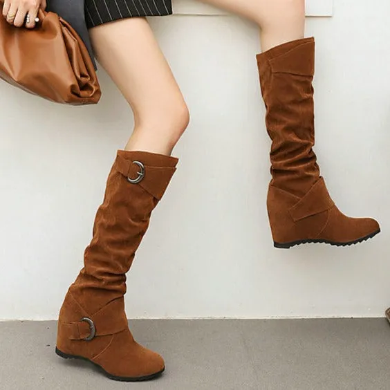 Retro slouchy faux suede wedge heels knee high boots