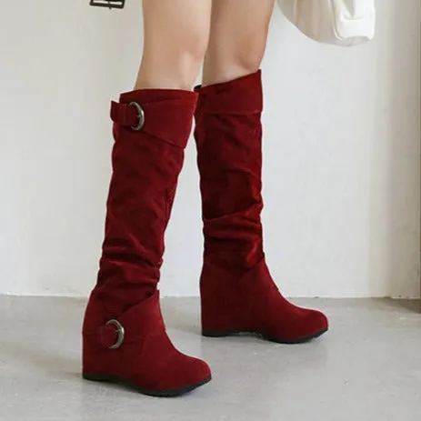 Retro slouchy faux suede wedge heels knee high boots