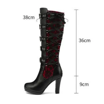 Sexy black chunky high heels bandage lace-up punk goth buckle straps boots