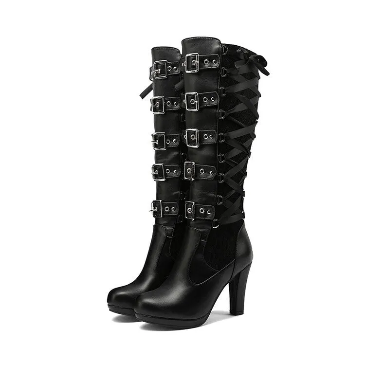 Sexy black chunky high heels bandage lace-up punk goth buckle straps boots