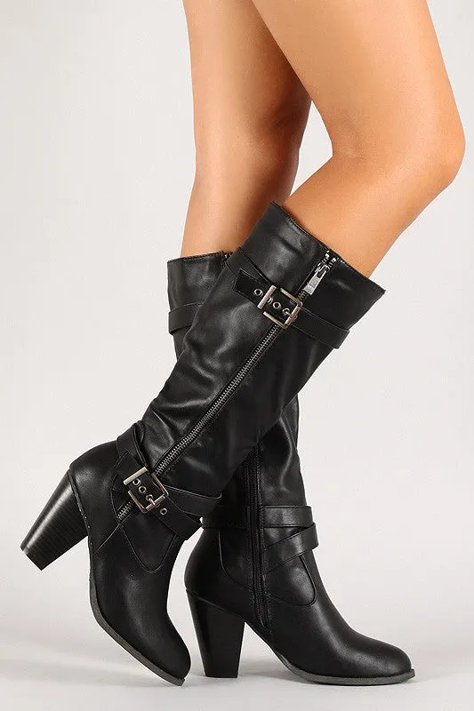 Side Zipper Chunky Heel Knee High Boot