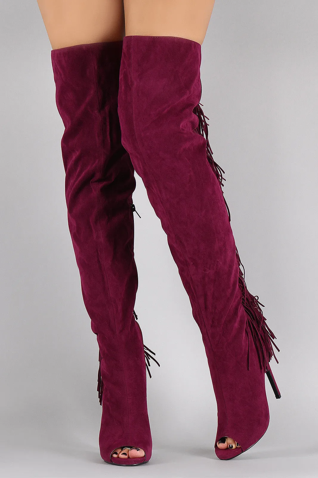 Suede Back Fringe Peep Toe Stiletto Over-The-Knee Boots