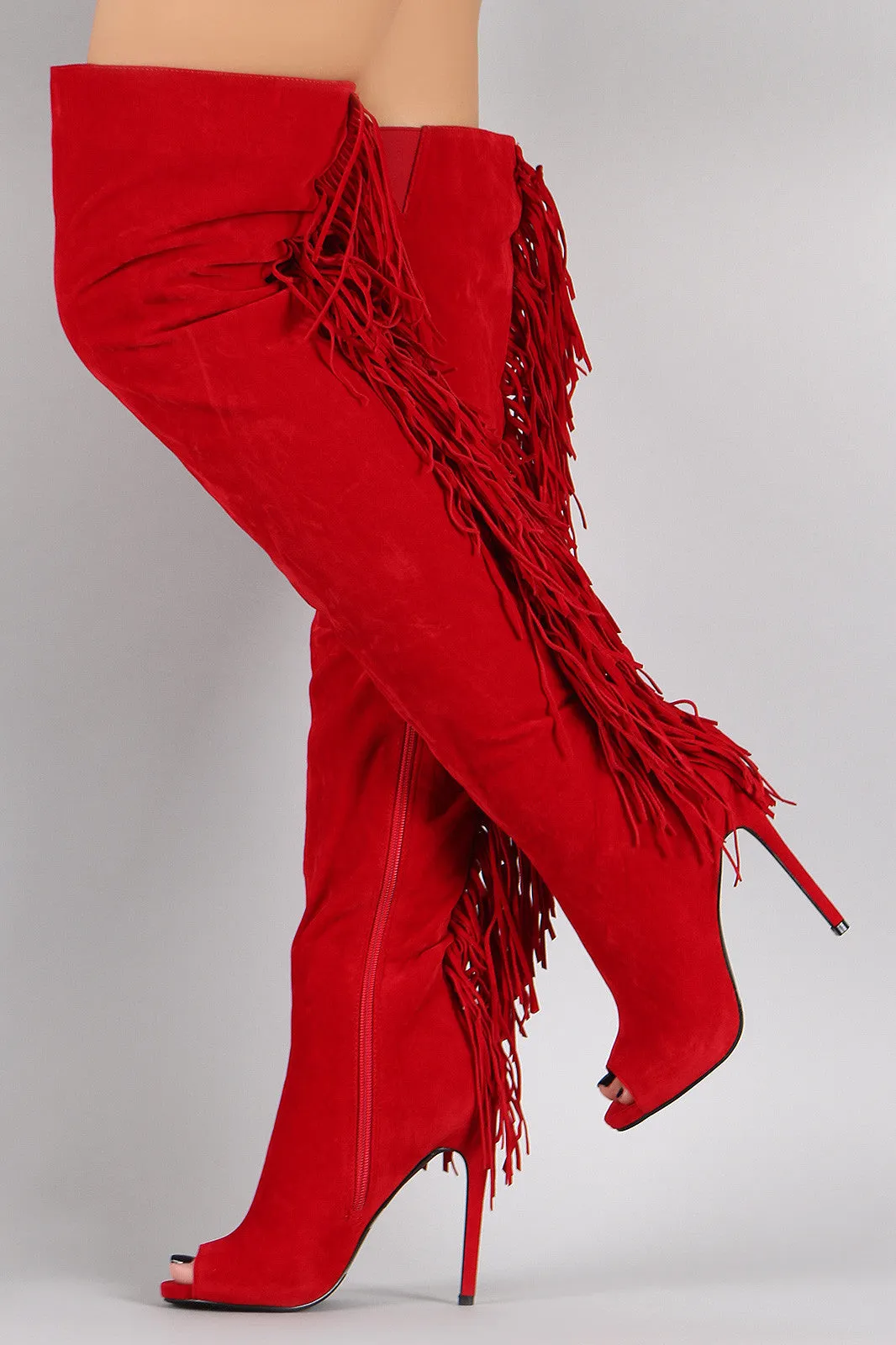 Suede Back Fringe Peep Toe Stiletto Over-The-Knee Boots