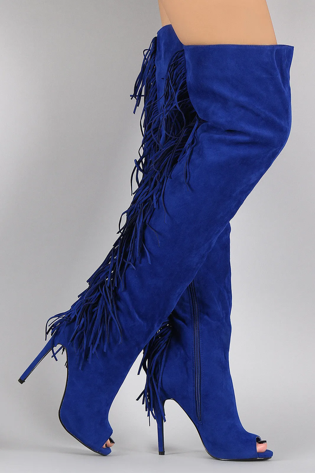 Suede Back Fringe Peep Toe Stiletto Over-The-Knee Boots