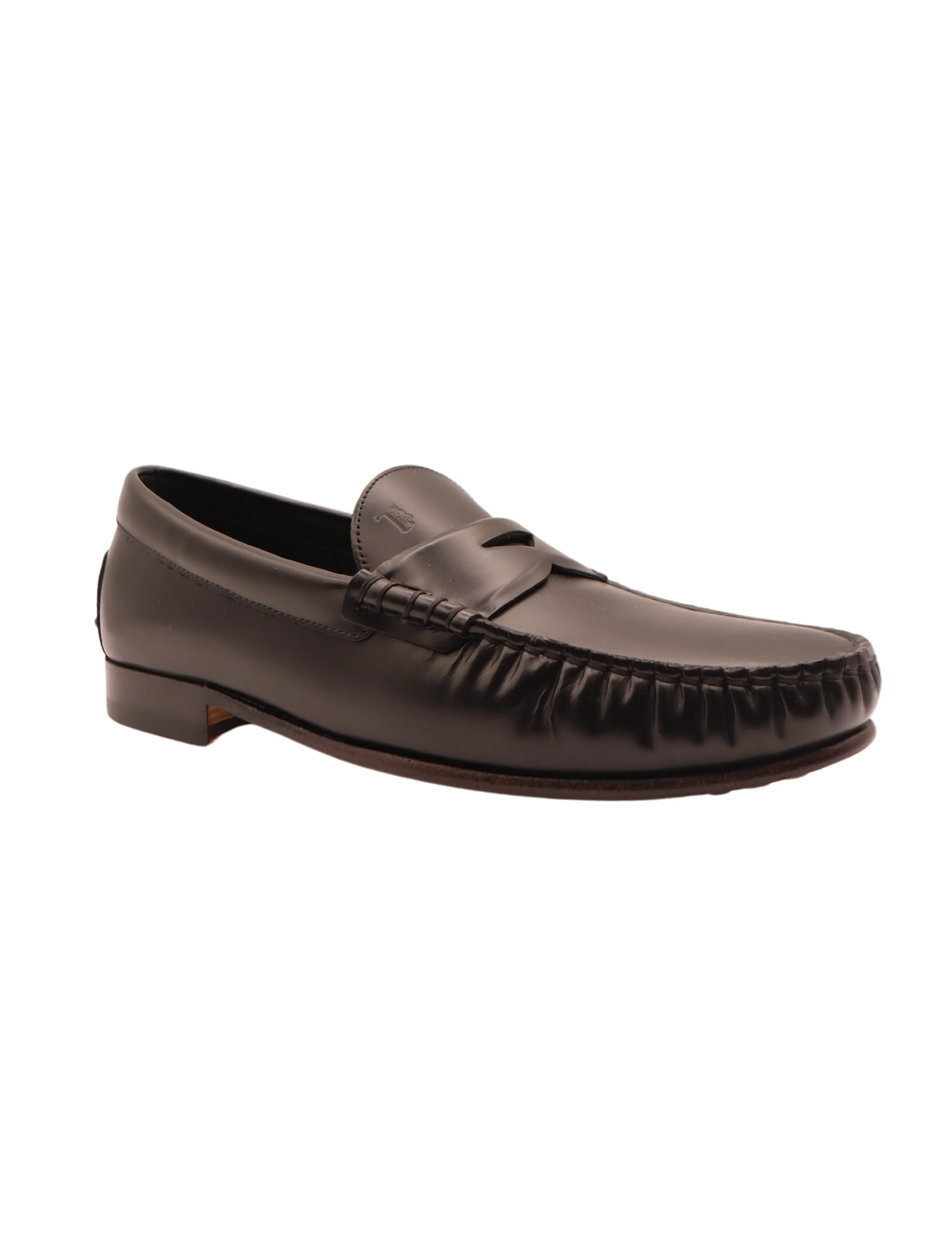 Tods Mens Black Leather Ruched Moccasino Penny Loafer