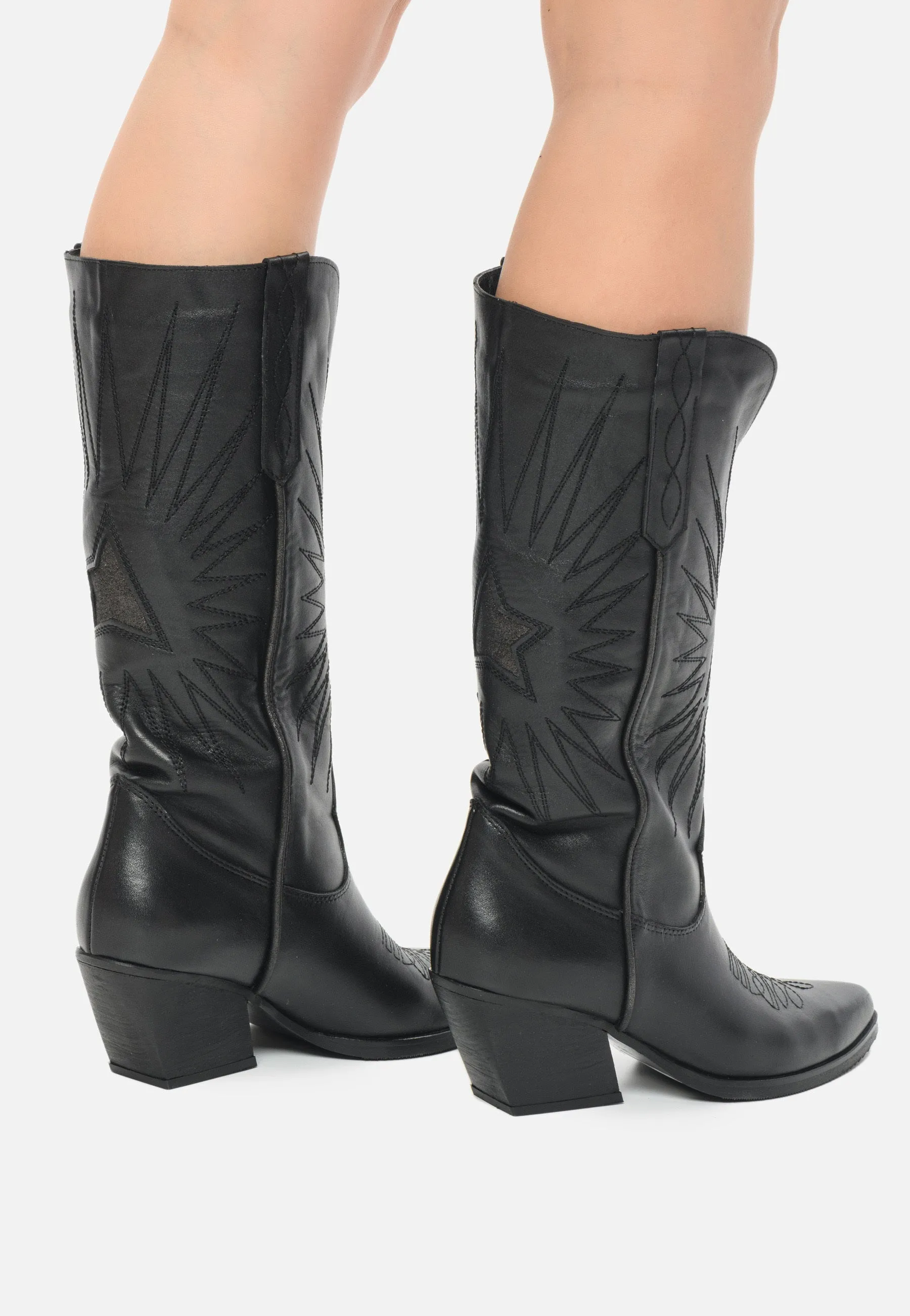 Western Block Heel Boots - Black