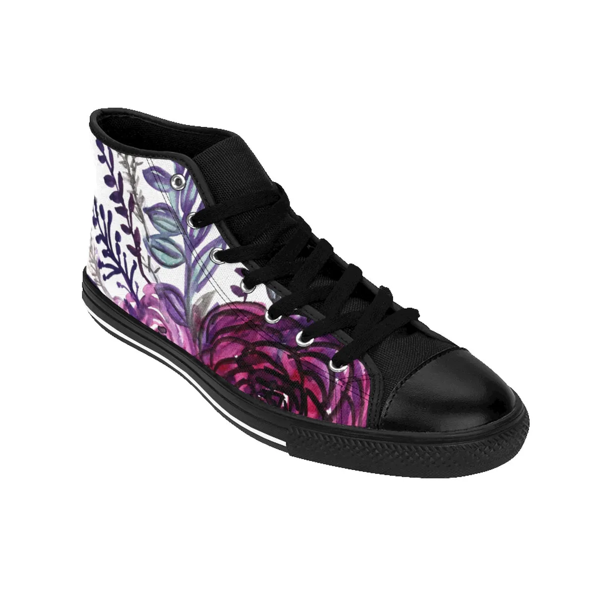 White Purple Rose Men's High Tops, Floral Print Designer High-top Sneakers Tennis Shoes